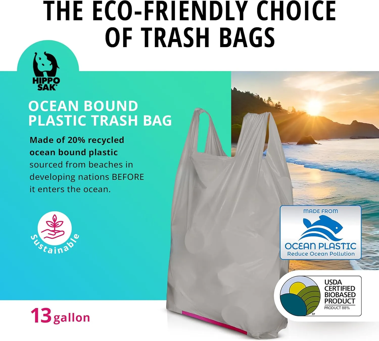 Hippo Sak - Tall Kitchen Garbage Bags with Ergonomic Handles - 13 Gallon Trash Bags Made from Recycled Ocean Bound Plastic - Super Strong and Leak Proof Tall Kitchen Trash Bags (45 Count)
