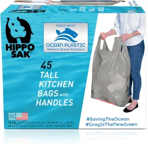 Hippo Sak - Tall Kitchen Garbage Bags with Ergonomic Handles - 13 Gallon Trash Bags Made from Recycled Ocean Bound Plastic - Super Strong and Leak Proof Tall Kitchen Trash Bags (45 Count)