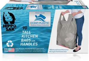 Hippo Sak - Tall Kitchen Garbage Bags with Ergonomic Handles - 13 Gallon Trash Bags Made from Recycled Ocean Bound Plastic - Super Strong and Leak Proof Tall Kitchen Trash Bags (90 Count)
