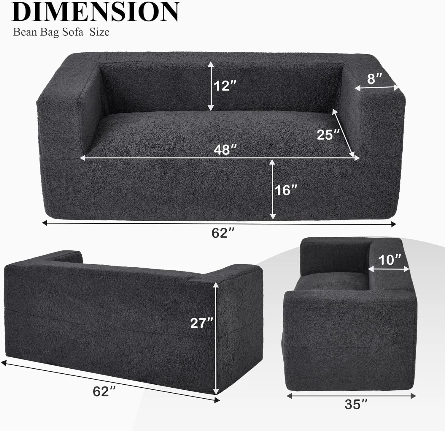 Homguava Giant Bean Bag Chair Sofa,Oversized Bean Bag Couch,Memory Foam Filled Floor Loveseat with Soft Sherpa Teddy Cover and Wide Armrests for Adults in Living Room,Bedroom,Apartment (Grey)