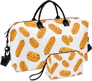 Hotdog Mustard Pattern White Sports Gym Bag for Women Men Travel Duffel Bag Weekend Overnight Carry on Bag with Toiletry Bag Training Handbag for Swimming Yoga Workout Plane Hospital