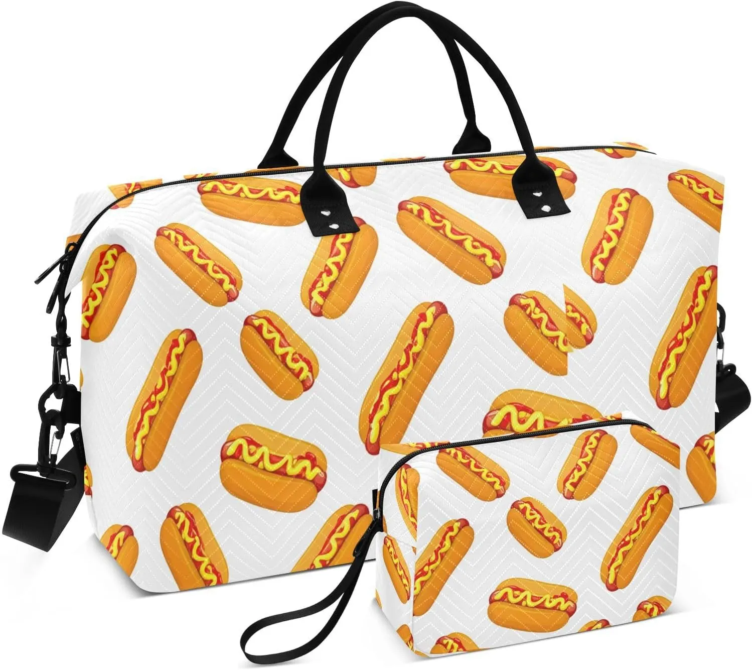 Hotdog Mustard Pattern White Sports Gym Bag for Women Men Travel Duffel Bag Weekend Overnight Carry on Bag with Toiletry Bag Training Handbag for Swimming Yoga Workout Plane Hospital
