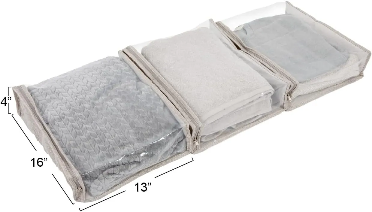 Household Essentials Under Bed Zippered Sweater Storage Bags with Clear Vision Panel, Set of 3, Silver,Gray