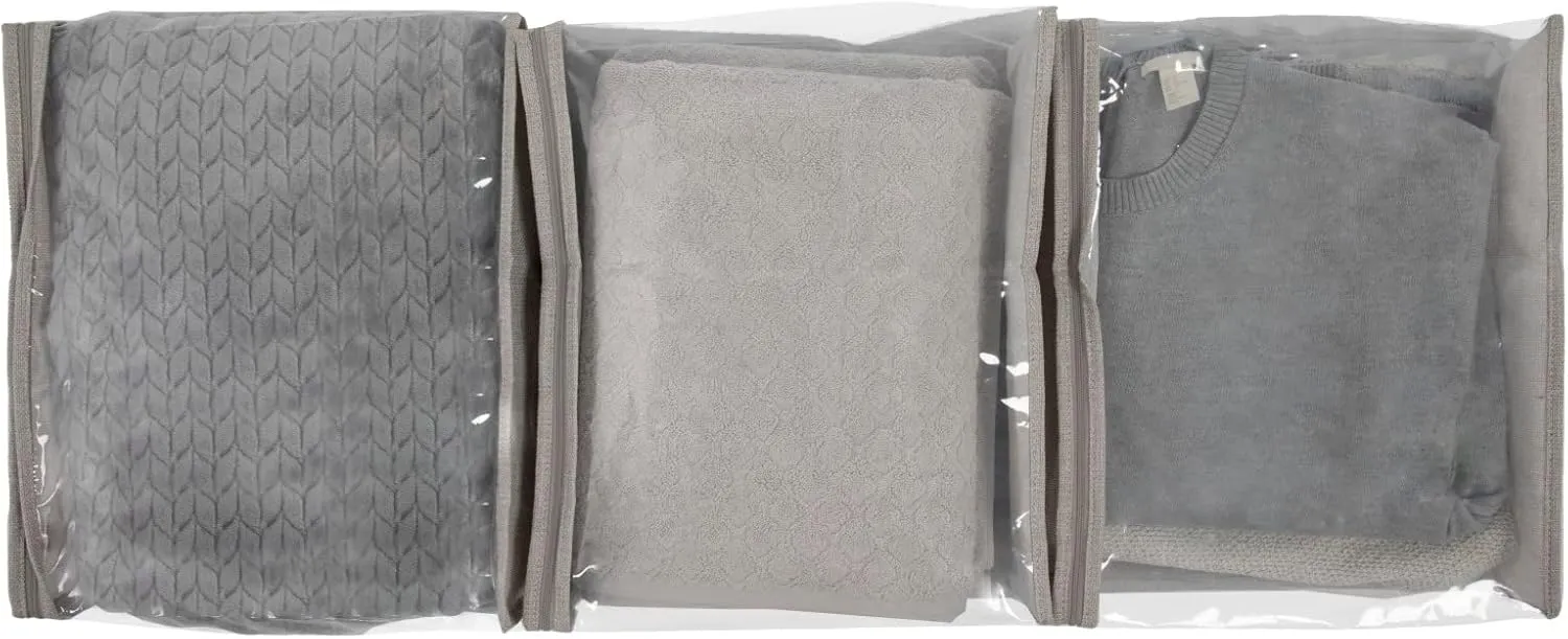 Household Essentials Under Bed Zippered Sweater Storage Bags with Clear Vision Panel, Set of 3, Silver,Gray