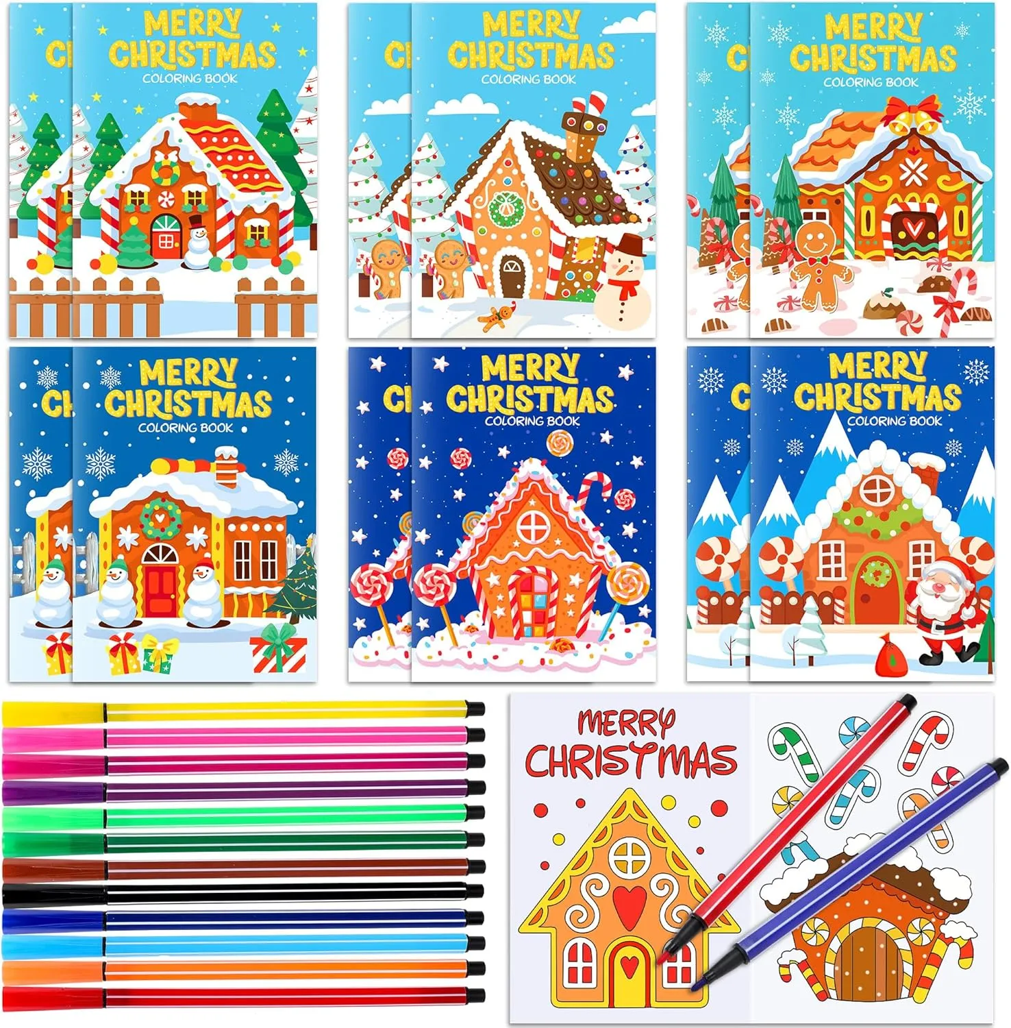 HOWAF 24pcs Gingerbread Christmas Coloring Books Bulk, Christmas Coloring Page with Paint Pens Gingerbread House for Xmas Holiday Favors Activities Bags Fillers Gingerbread Man Drawing Book