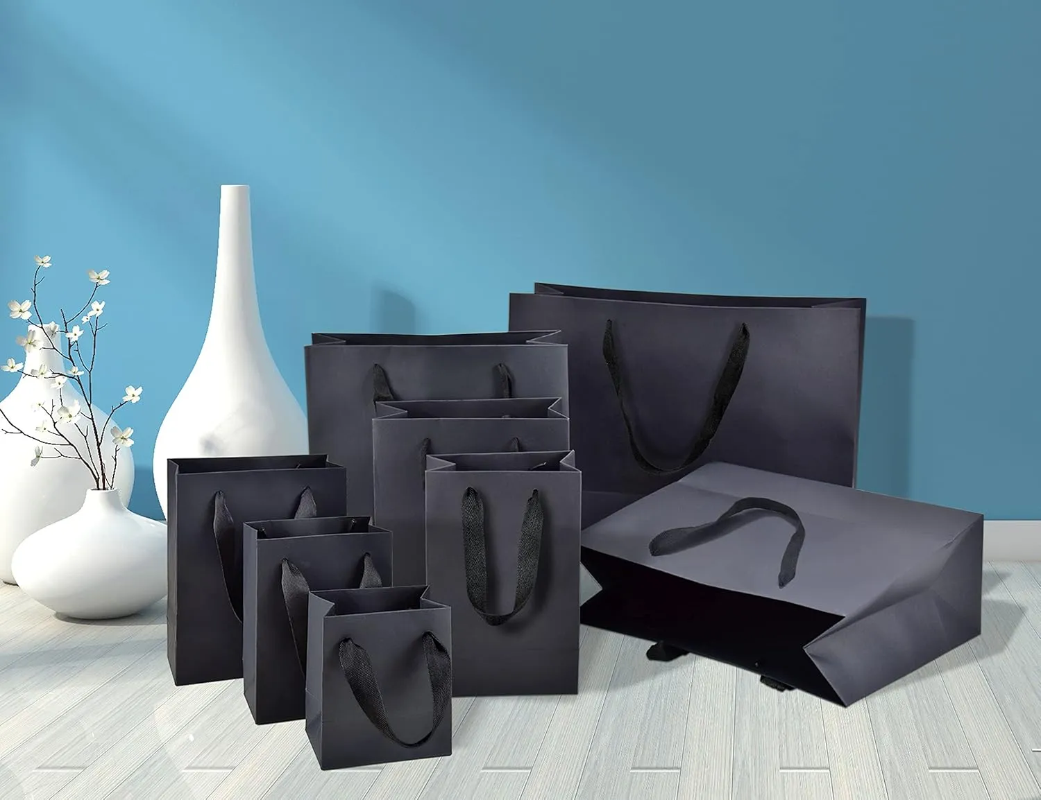 HUAPRINT Black Gift and Shopping Bags - Matte Black Small Paper Bags with Handles, 30 Pack, 6x3x7.5 inches - Ideal for Craft, Retail, Party Favors, Merchandise and Holiday or Wedding Occasions