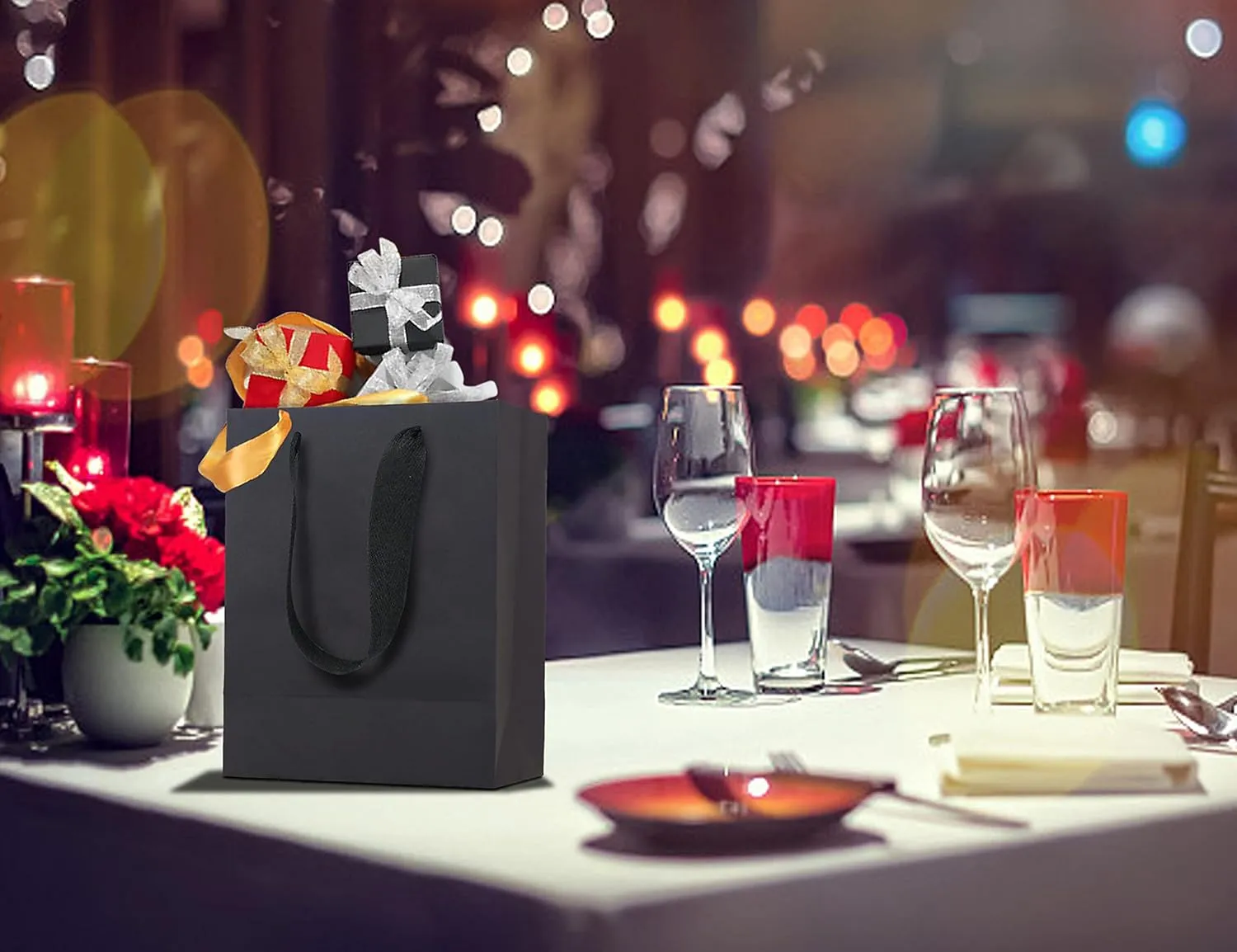 HUAPRINT Black Paper Bags - Gift & Shopping Bags with Ribbon Handles, 30 Packs, 5.25x3.25x8 Inch, Perfect for Retail, Parties, Weddings & Business