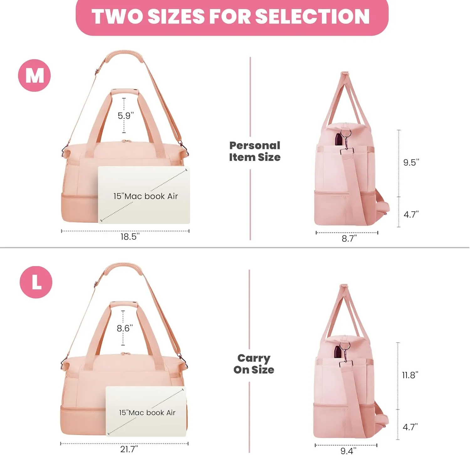 HUELLA AD Weekender Bags for Women Travel, Stylish Women's Workout Bag, Duffle Bag Women, Gym Duffle Bag with Shoe Compartments & USB Charging Port (Pink)
