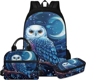 HUGS IDEA Blue Owl Girls Backpack for Middle School Girls Bookbag with Lunchbox for Ages 6-8 Lightweight School Bag for 6Th Grade 17 Inch Large Capacity Kids Book Bag Set 3 Piece Set