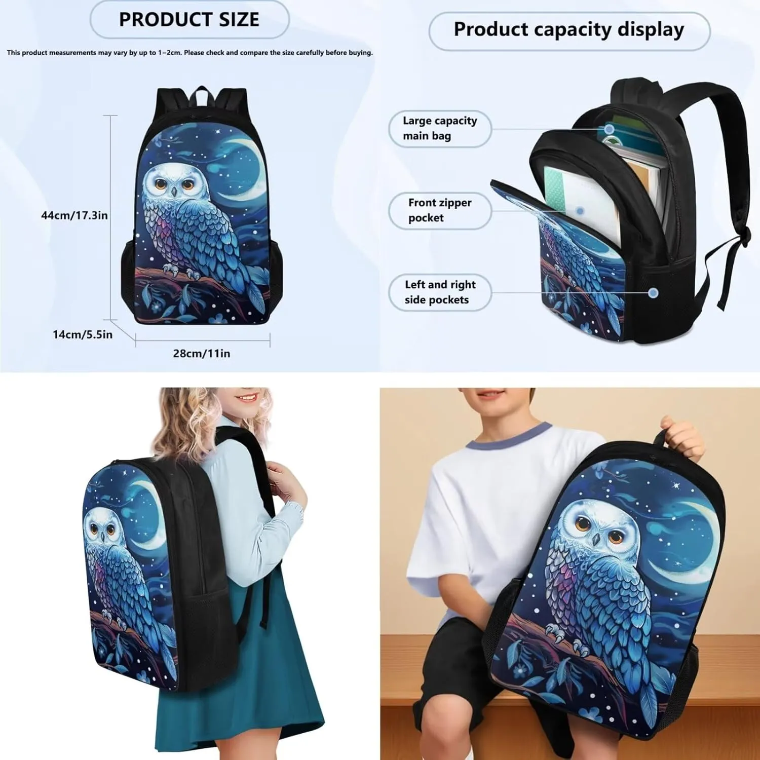 HUGS IDEA Blue Owl Girls Backpack for Middle School Girls Bookbag with Lunchbox for Ages 6-8 Lightweight School Bag for 6Th Grade 17 Inch Large Capacity Kids Book Bag Set 3 Piece Set