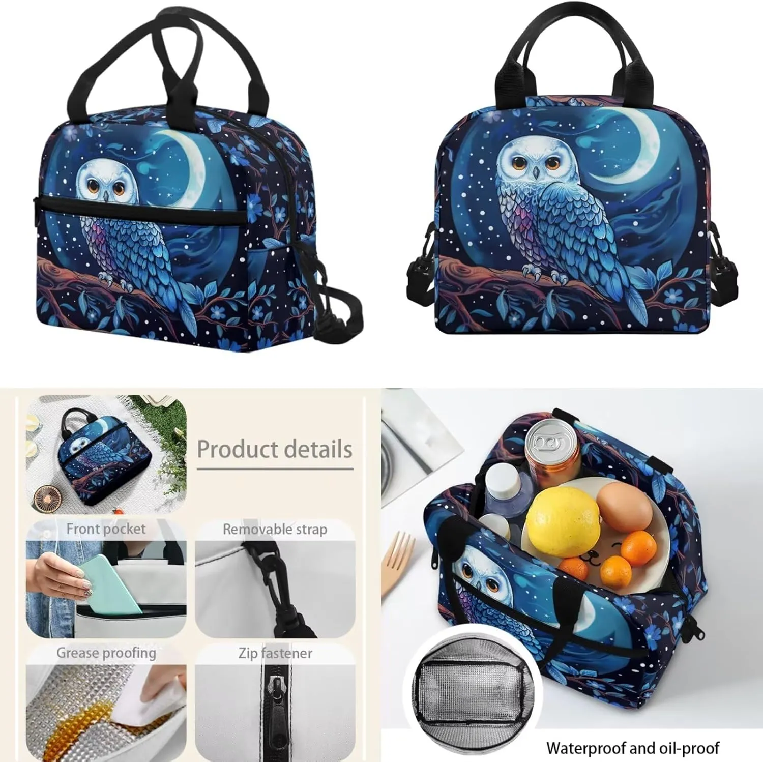 HUGS IDEA Blue Owl Girls Backpack for Middle School Girls Bookbag with Lunchbox for Ages 6-8 Lightweight School Bag for 6Th Grade 17 Inch Large Capacity Kids Book Bag Set 3 Piece Set