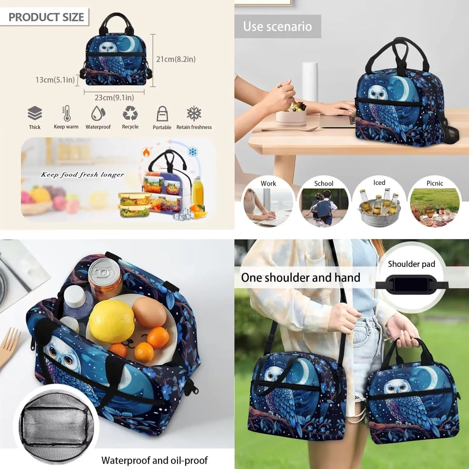 HUGS IDEA Blue Owl Girls Backpack for Middle School Girls Bookbag with Lunchbox for Ages 6-8 Lightweight School Bag for 6Th Grade 17 Inch Large Capacity Kids Book Bag Set 3 Piece Set