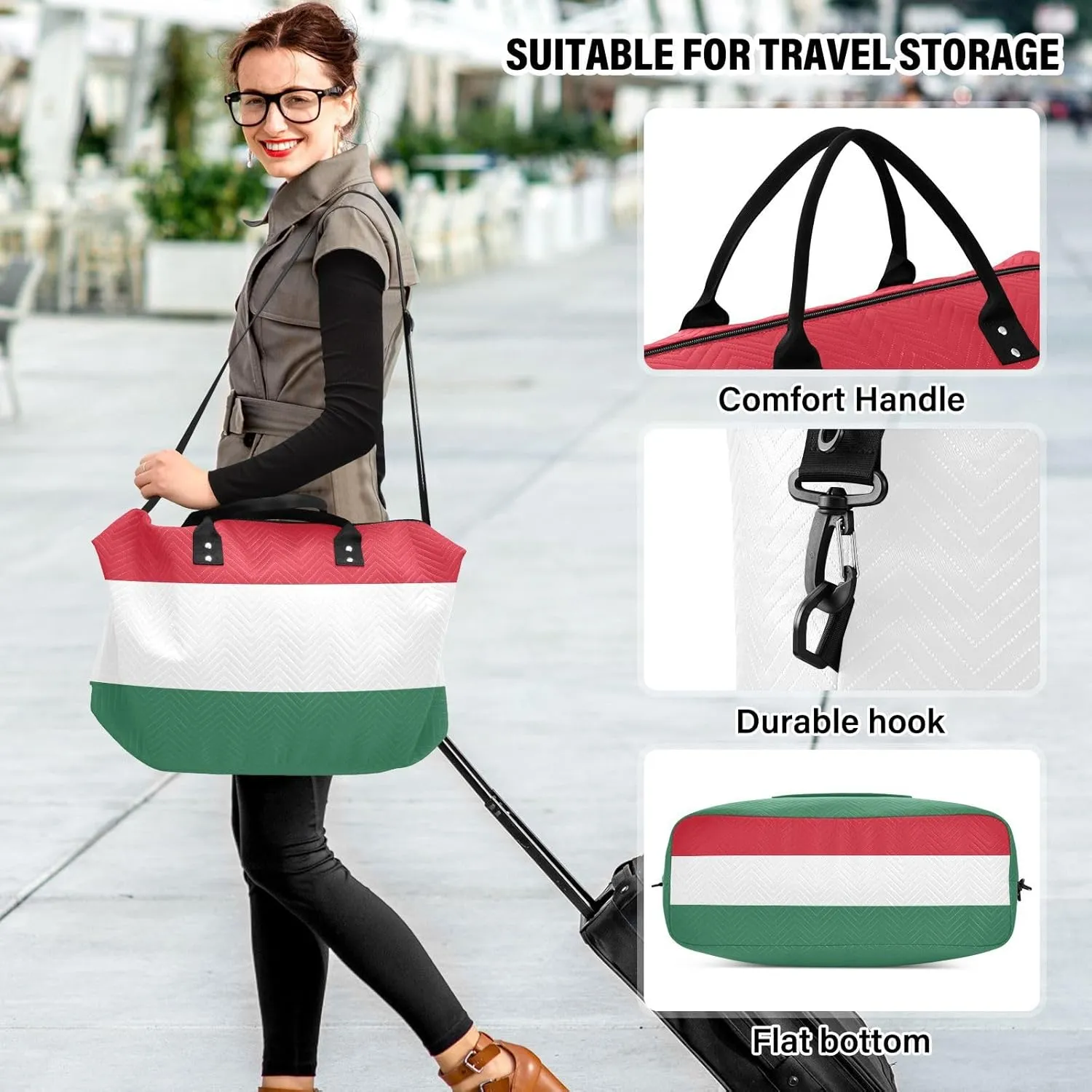 Hungarian Flag Travel Duffle Bag Quilt Weekender Bags Carry On Bag Gym Bag Overnight Bag with Make Up Bag for Ladies Women Trip Airplane Travel Essentials Gifts