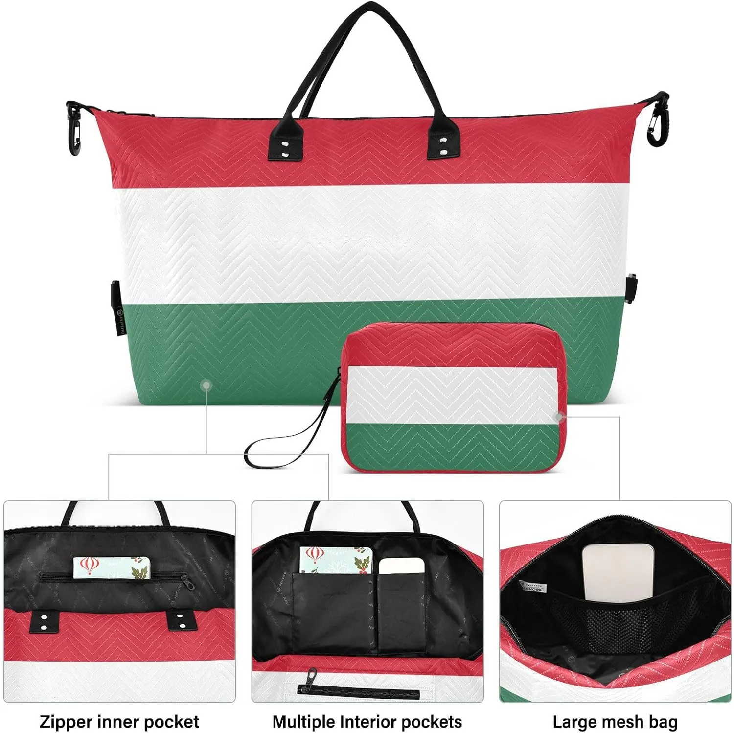 Hungarian Flag Travel Duffle Bag Quilt Weekender Bags Carry On Bag Gym Bag Overnight Bag with Make Up Bag for Ladies Women Trip Airplane Travel Essentials Gifts