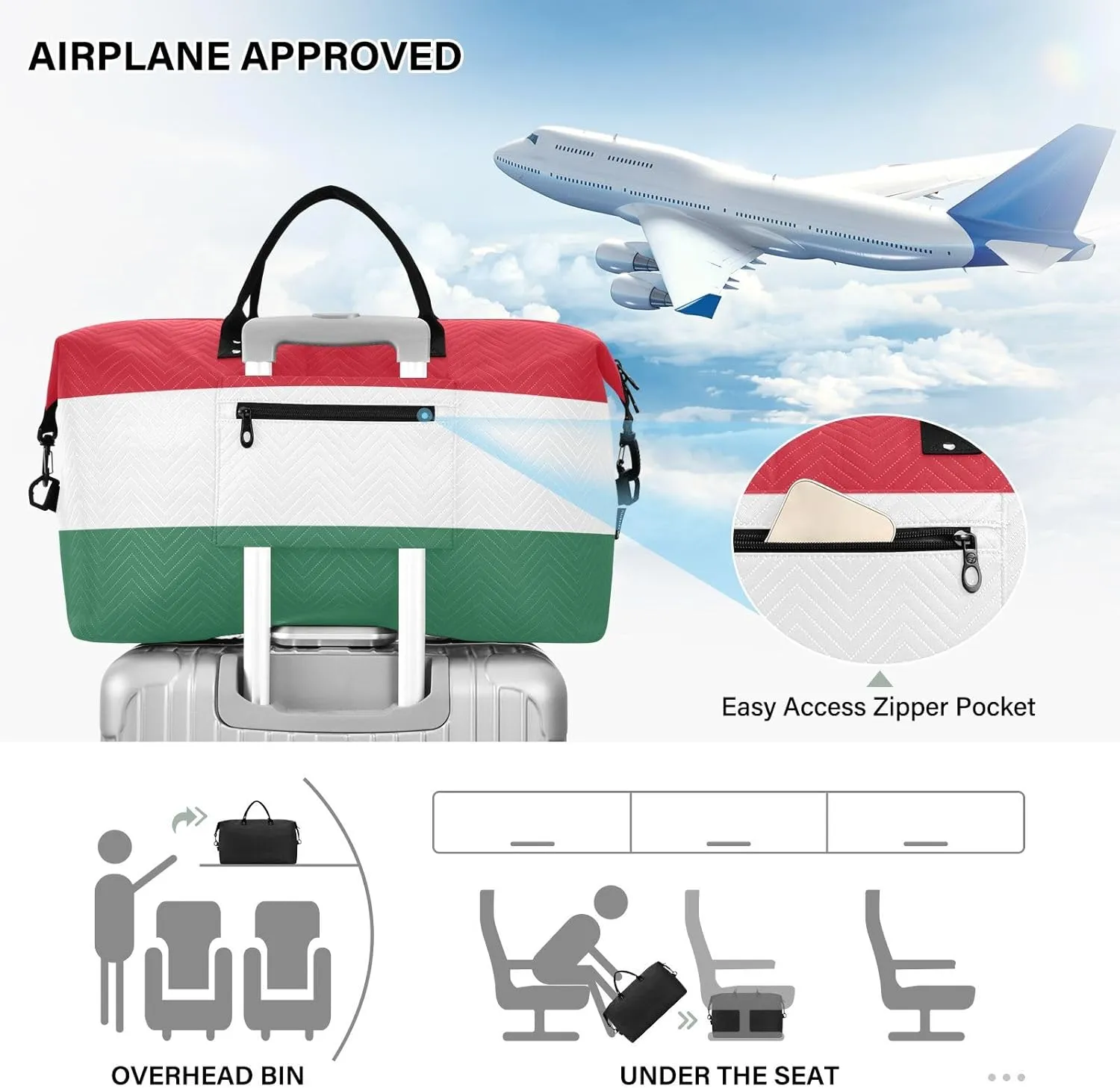 Hungarian Flag Travel Duffle Bag Quilt Weekender Bags Carry On Bag Gym Bag Overnight Bag with Make Up Bag for Ladies Women Trip Airplane Travel Essentials Gifts