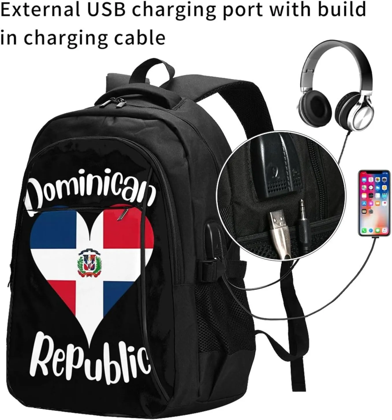 I Love Dominican Republic Travel Backpacks Casual Backpack Large Capacity Laptop Rucksack Luggage Daypacks with USB Charging Port Multi-Pockets Bags for Hiking
