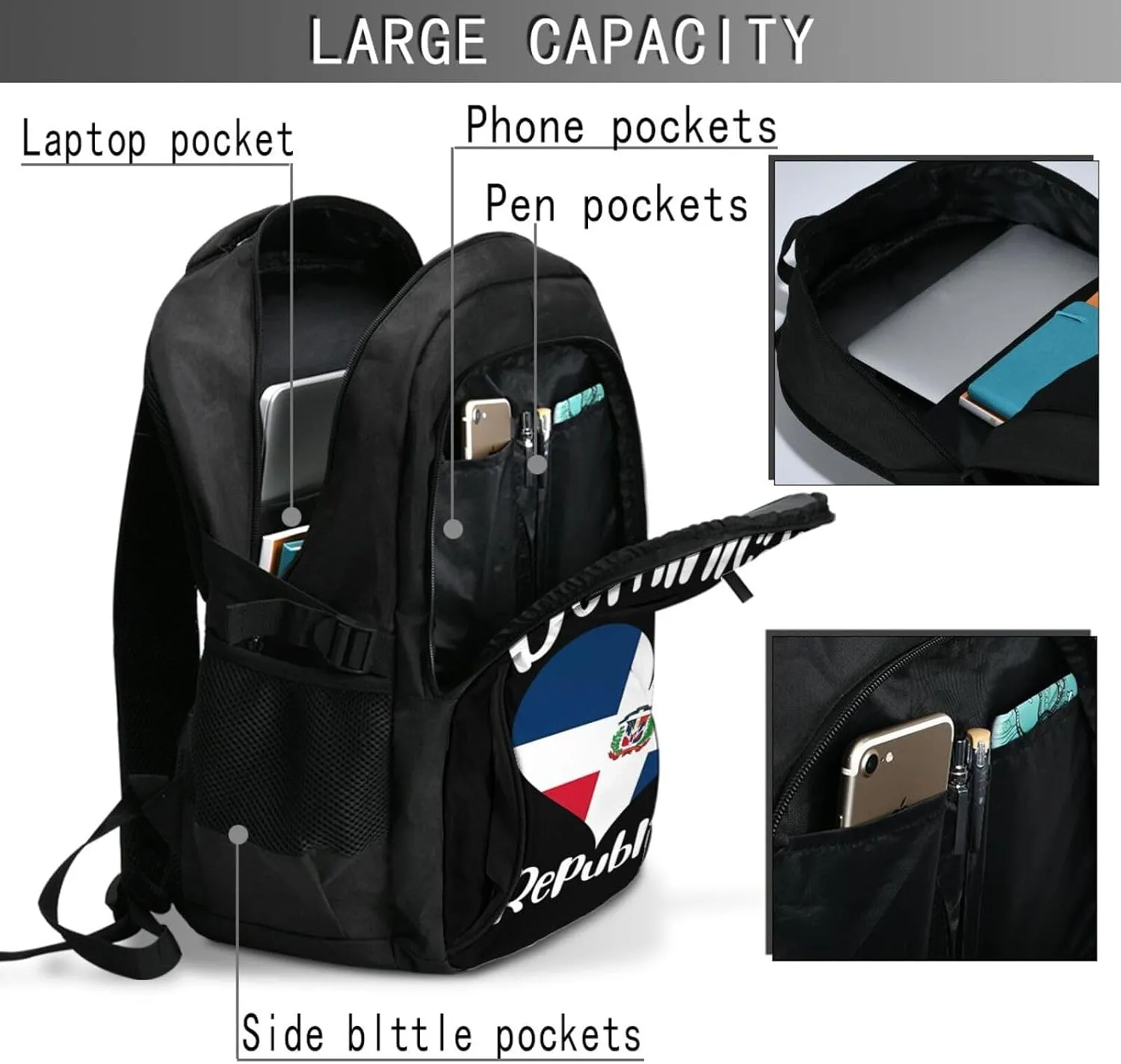 I Love Dominican Republic Travel Backpacks Casual Backpack Large Capacity Laptop Rucksack Luggage Daypacks with USB Charging Port Multi-Pockets Bags for Hiking
