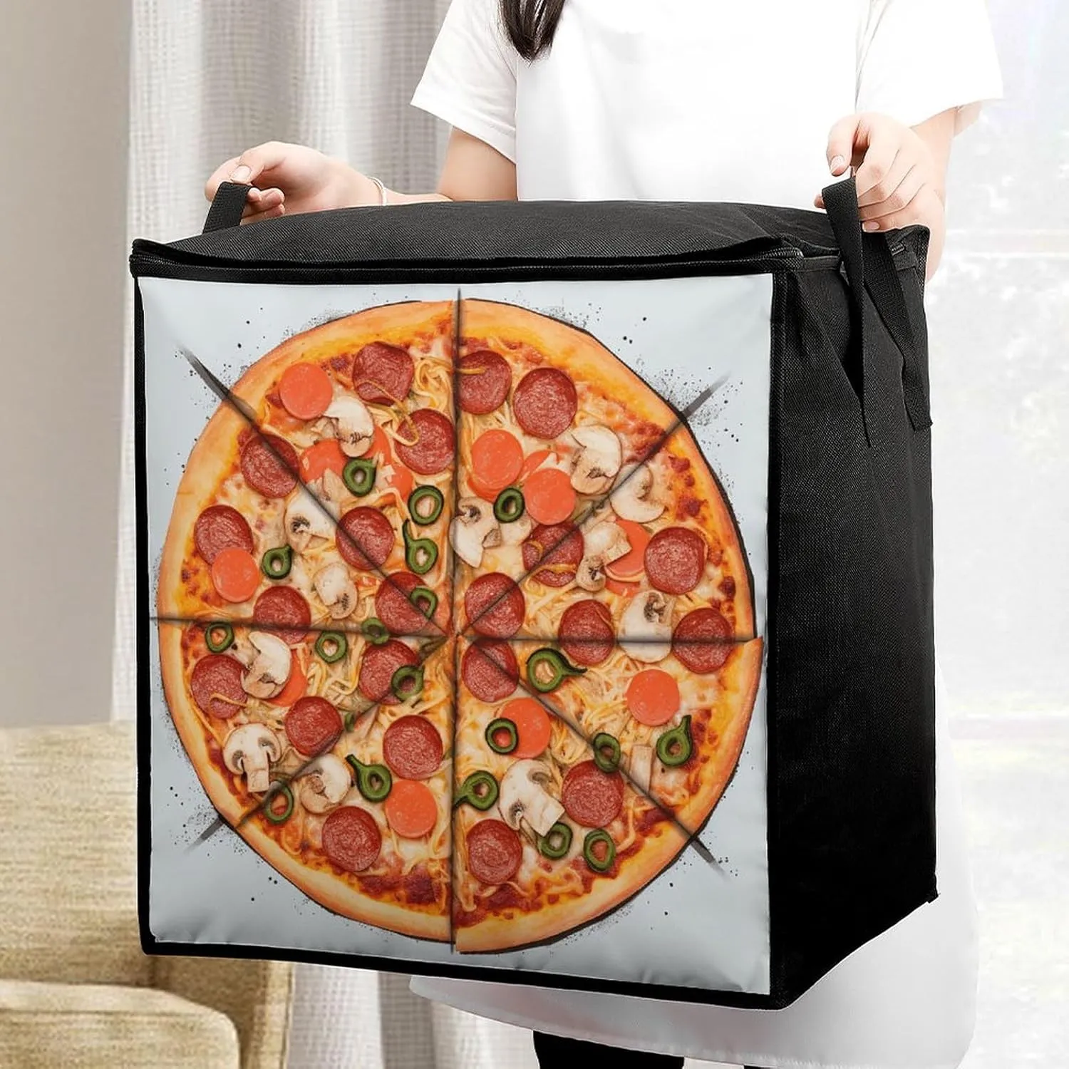 I Love PizzaStorage Bag Large Blanket Storage Bag Bedding Storage Container Quilt Storage Bag With Zipper for Easy Storage Of Clothes Pillows And Toys