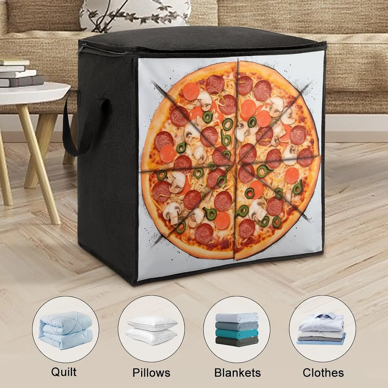 I Love PizzaStorage Bag Large Blanket Storage Bag Bedding Storage Container Quilt Storage Bag With Zipper for Easy Storage Of Clothes Pillows And Toys