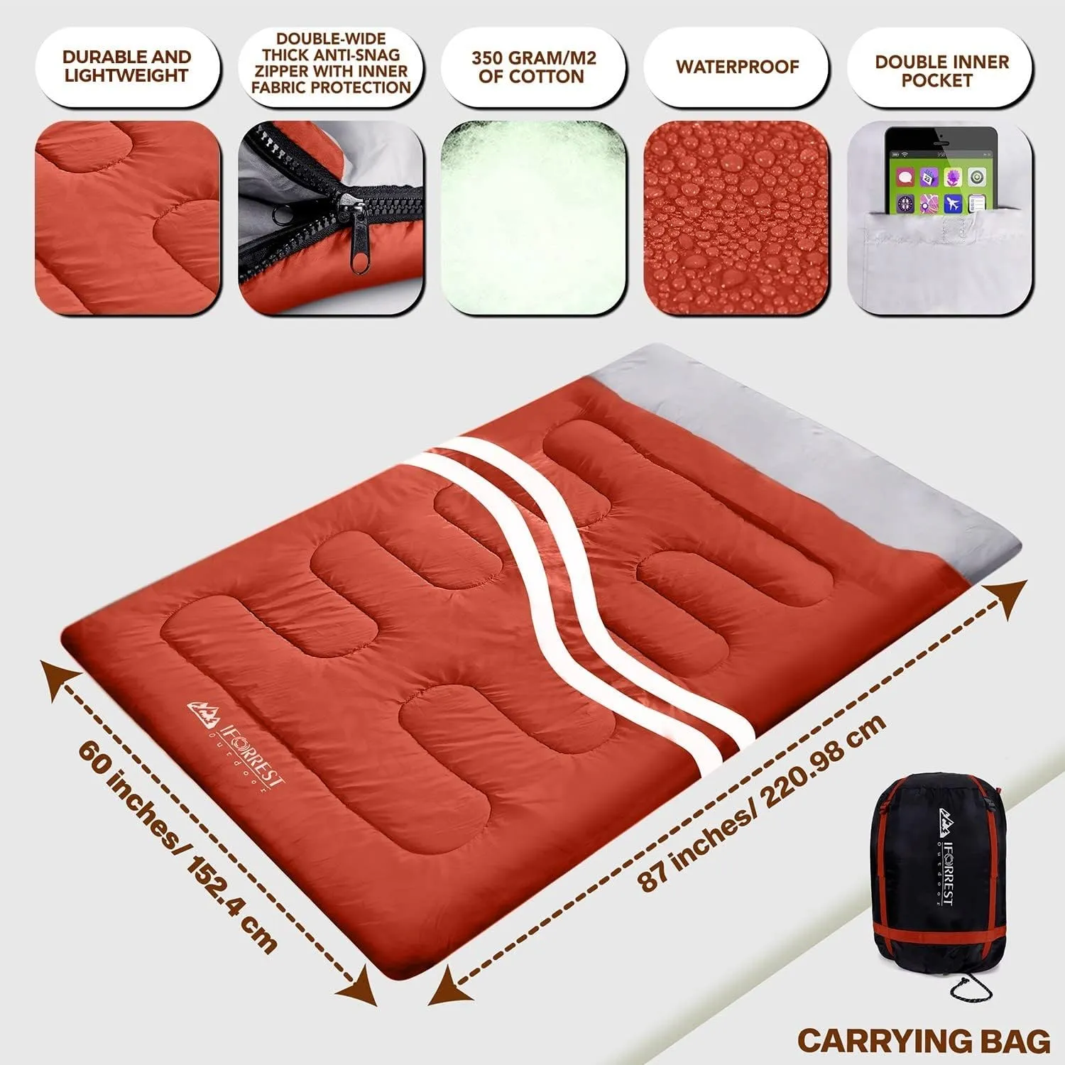 IFORREST Double Sleeping Bag for Adults - 2 Person Cold Weather(3-4 Seasons) Camping Bed, Extra-Wide & Warm - Queen Size XL