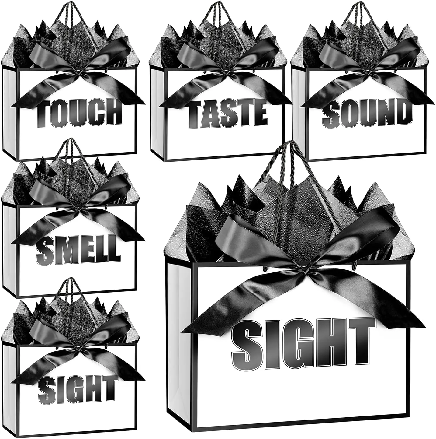 Jaywayang 5 Senses Gift Bags with Tissue Papers and Ribbons for Her Him Birthday Wedding Anniversary Mother's Day Valentine's Day Present Wrapping (White Black)