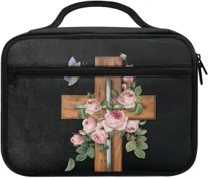 Jesus Cross Butterfly Flower Floral Print Bible Covers for Women Girls Large Size Scripture Case Church Protective Bible Book Carrying Case Church Tote Bags with Zippered Pocket