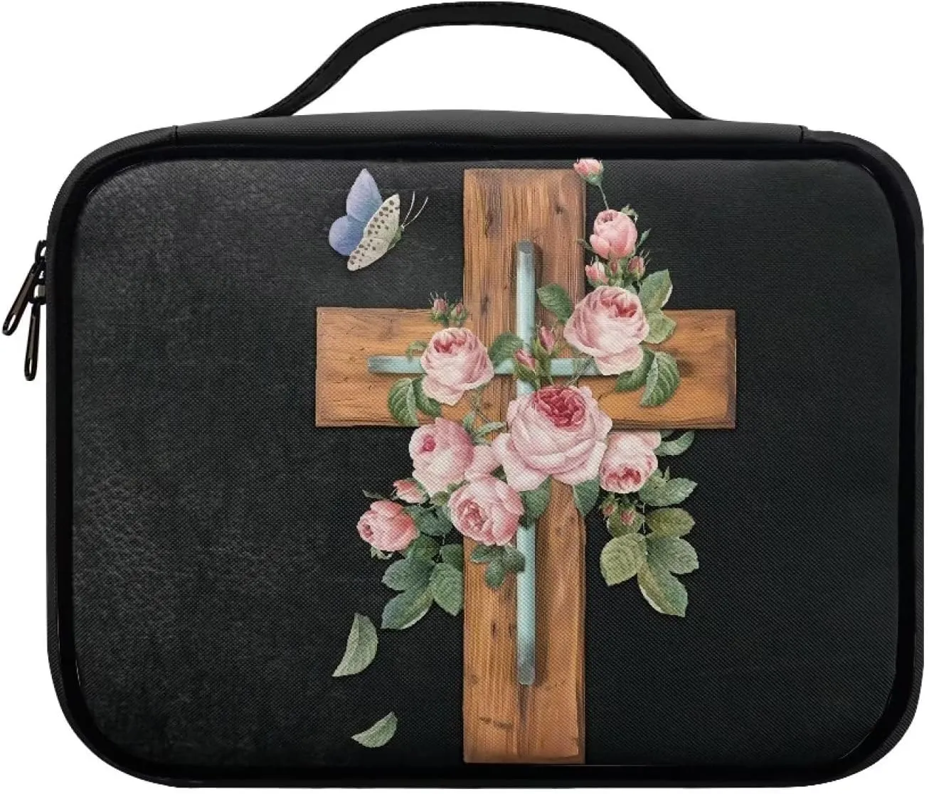 Jesus Cross Butterfly Flower Floral Print Bible Covers for Women Girls Large Size Scripture Case Church Protective Bible Book Carrying Case Church Tote Bags with Zippered Pocket
