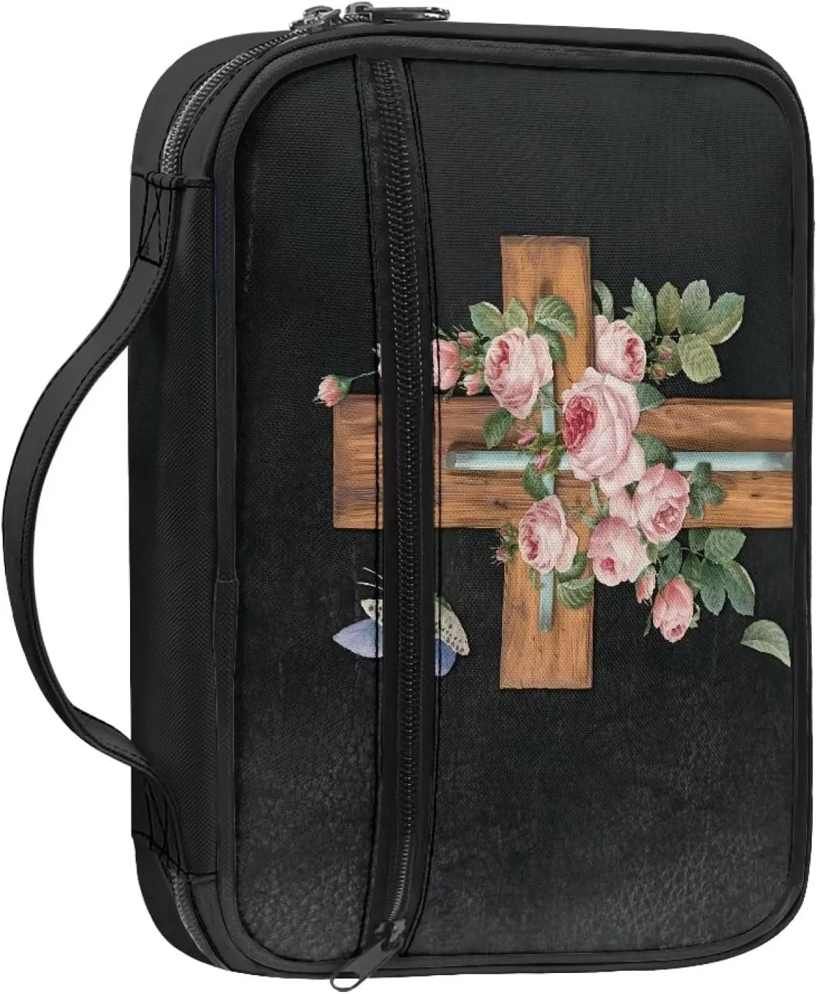 Jesus Cross Butterfly Flower Floral Print Bible Covers for Women Girls Large Size Scripture Case Church Protective Bible Book Carrying Case Church Tote Bags with Zippered Pocket