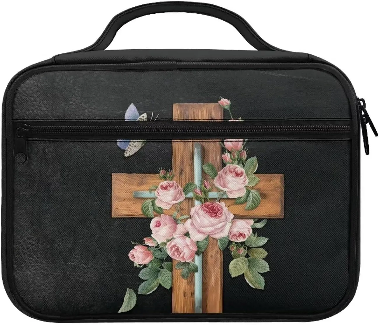 Jesus Cross Butterfly Flower Floral Print Bible Covers for Women Girls Large Size Scripture Case Church Protective Bible Book Carrying Case Church Tote Bags with Zippered Pocket