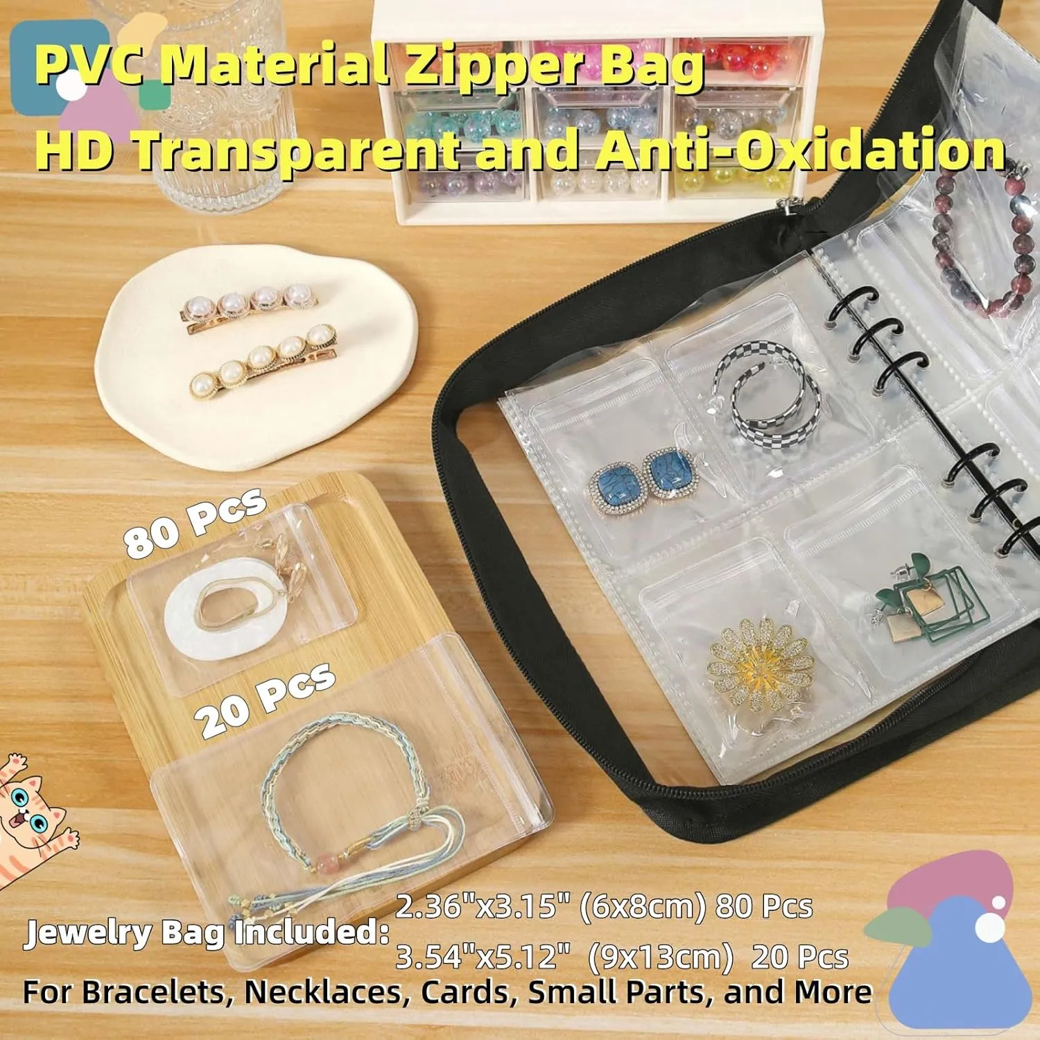 Jewellery Storage Book set Transparent Travel Bracelet Earring organizer Book jewelry pouch organizer Zipper Bag (Black)