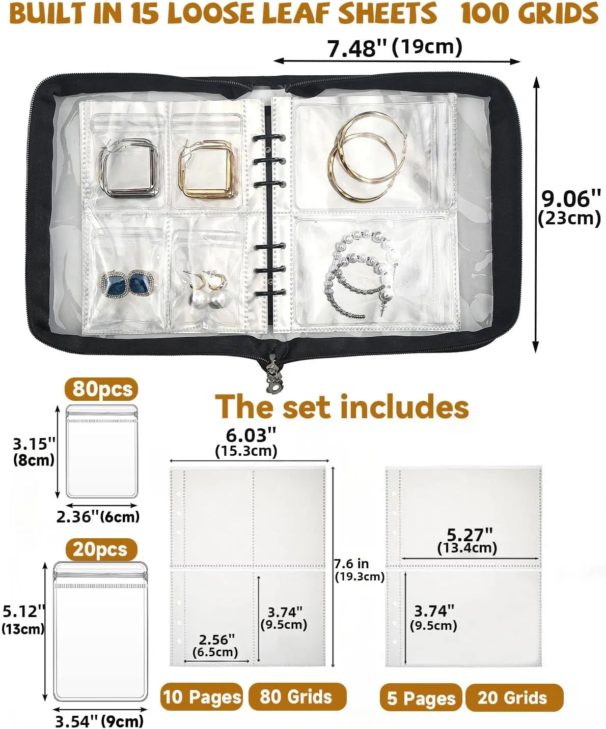 Jewellery Storage Book set Transparent Travel Bracelet Earring organizer Book jewelry pouch organizer Zipper Bag (Black)