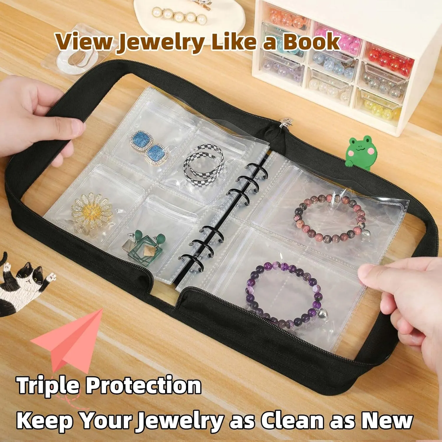 Jewellery Storage Book set Transparent Travel Bracelet Earring organizer Book jewelry pouch organizer Zipper Bag (Black)