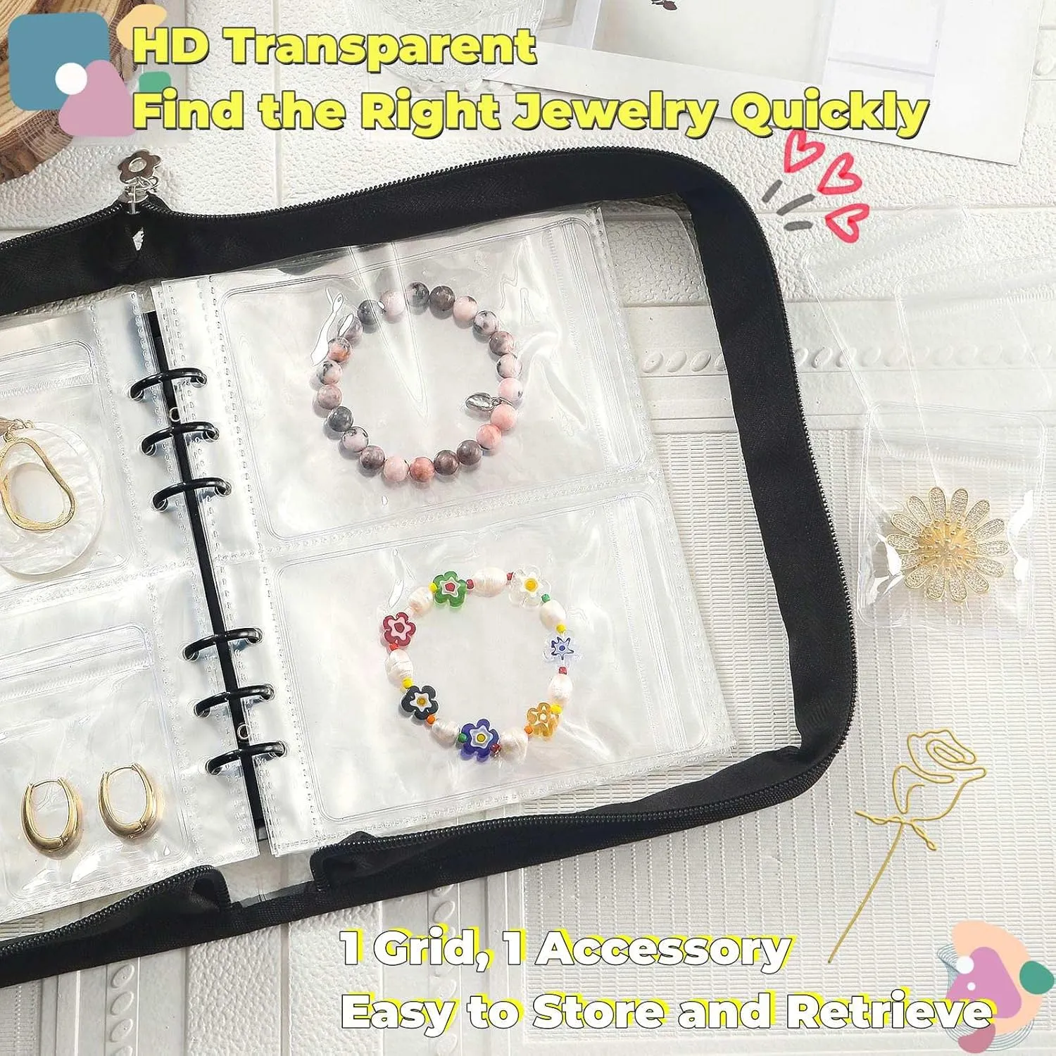 Jewellery Storage Book set Transparent Travel Bracelet Earring organizer Book jewelry pouch organizer Zipper Bag (Black)
