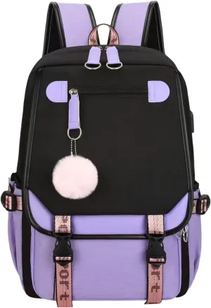 JiaYou Little Girls' School Students Book Bag Outdoor Daypack Backpack with USB Charging Port (Purple, 21 Liters)