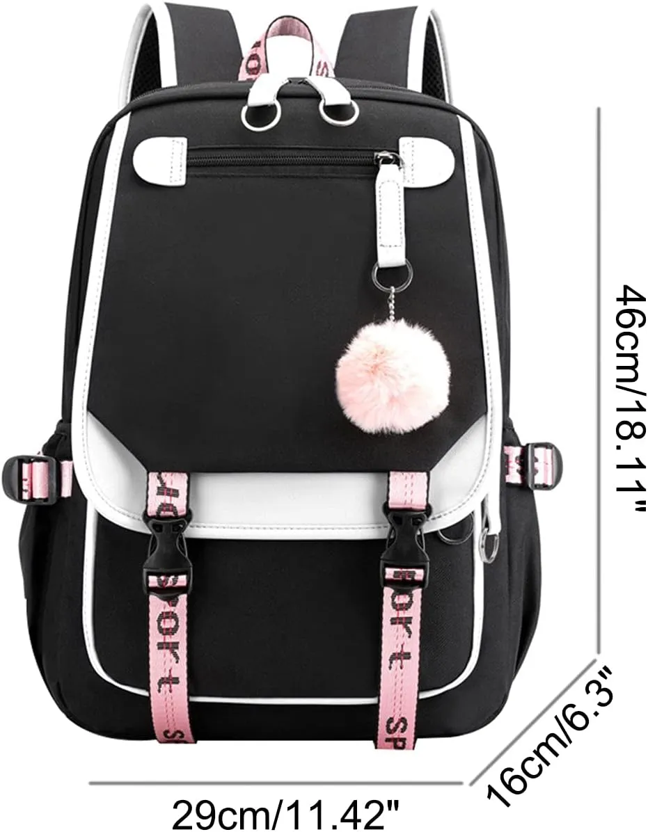 JiaYou Teenage Girls' Backpack Middle School Students Bookbag Outdoor Daypack with USB Charge Port (21 Liters, White Black)