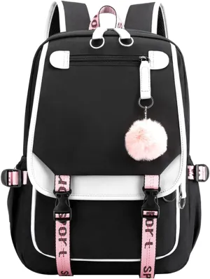 JiaYou Teenage Girls' Backpack Middle School Students Bookbag Outdoor Daypack with USB Charge Port (21 Liters, White Black)