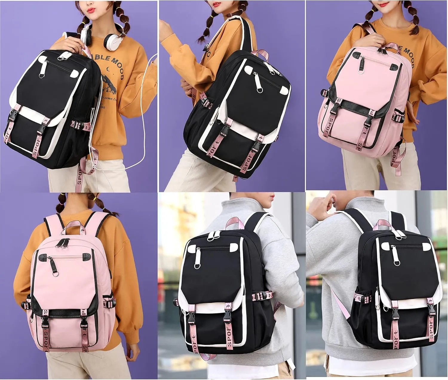 JiaYou Teenage Girls' Backpack Middle School Students Bookbag Outdoor Daypack with USB Charge Port (21 Liters, Yellow Black)