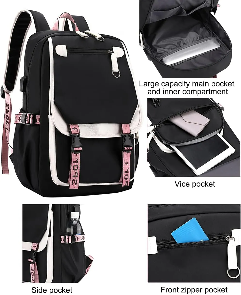 JiaYou Teenage Girls' Backpack Middle School Students Bookbag Outdoor Daypack with USB Charge Port (21 Liters, Yellow Black)