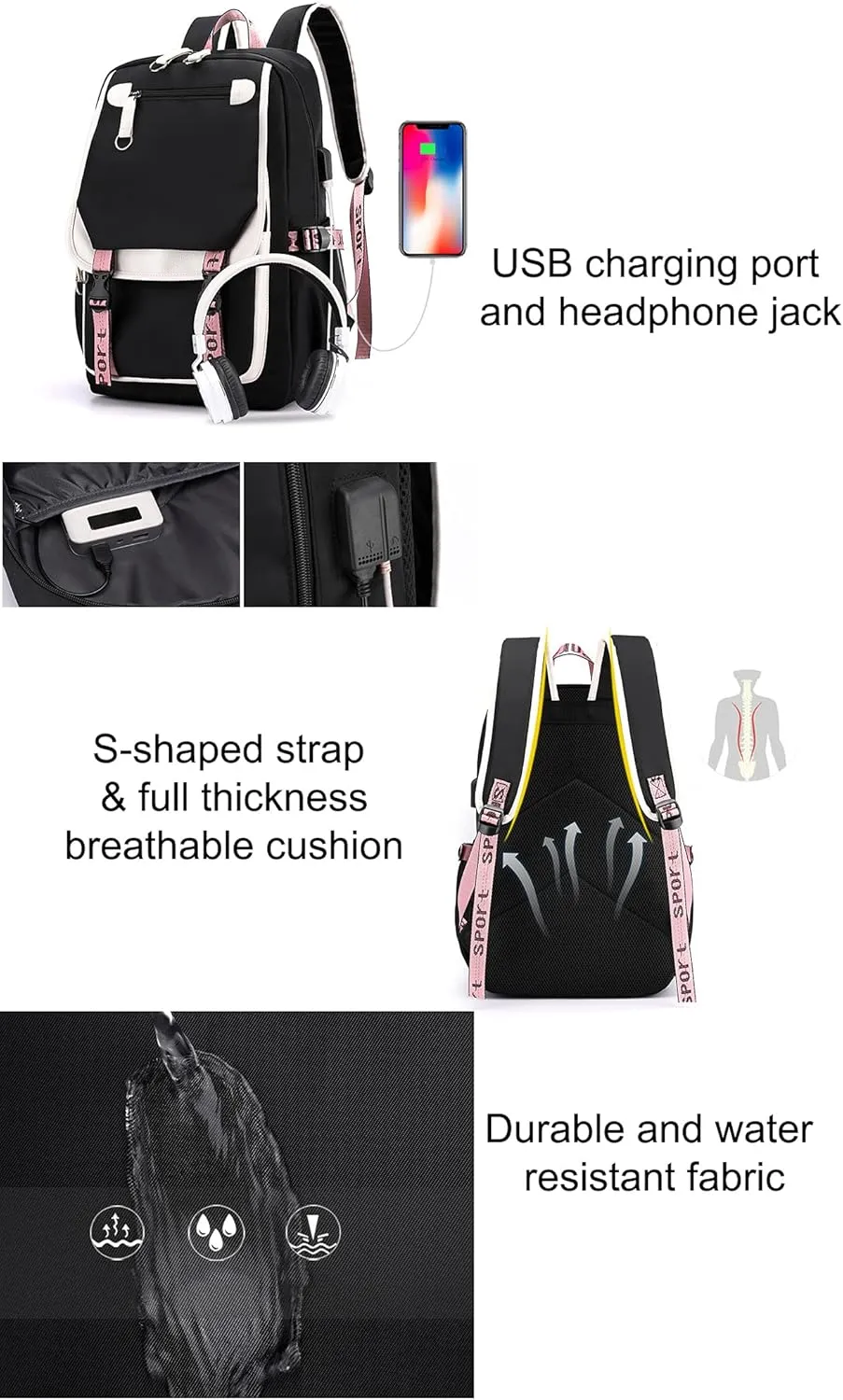 JiaYou Teenage Girls' Backpack Middle School Students Bookbag Outdoor Daypack with USB Charge Port (21 Liters, Yellow Black)