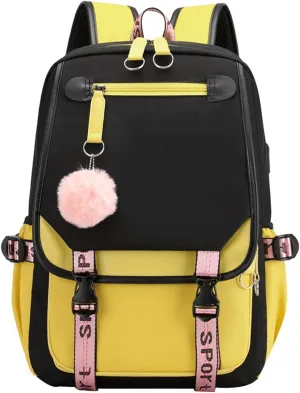 JiaYou Teenage Girls' Backpack Middle School Students Bookbag Outdoor Daypack with USB Charge Port (21 Liters, Yellow Black)