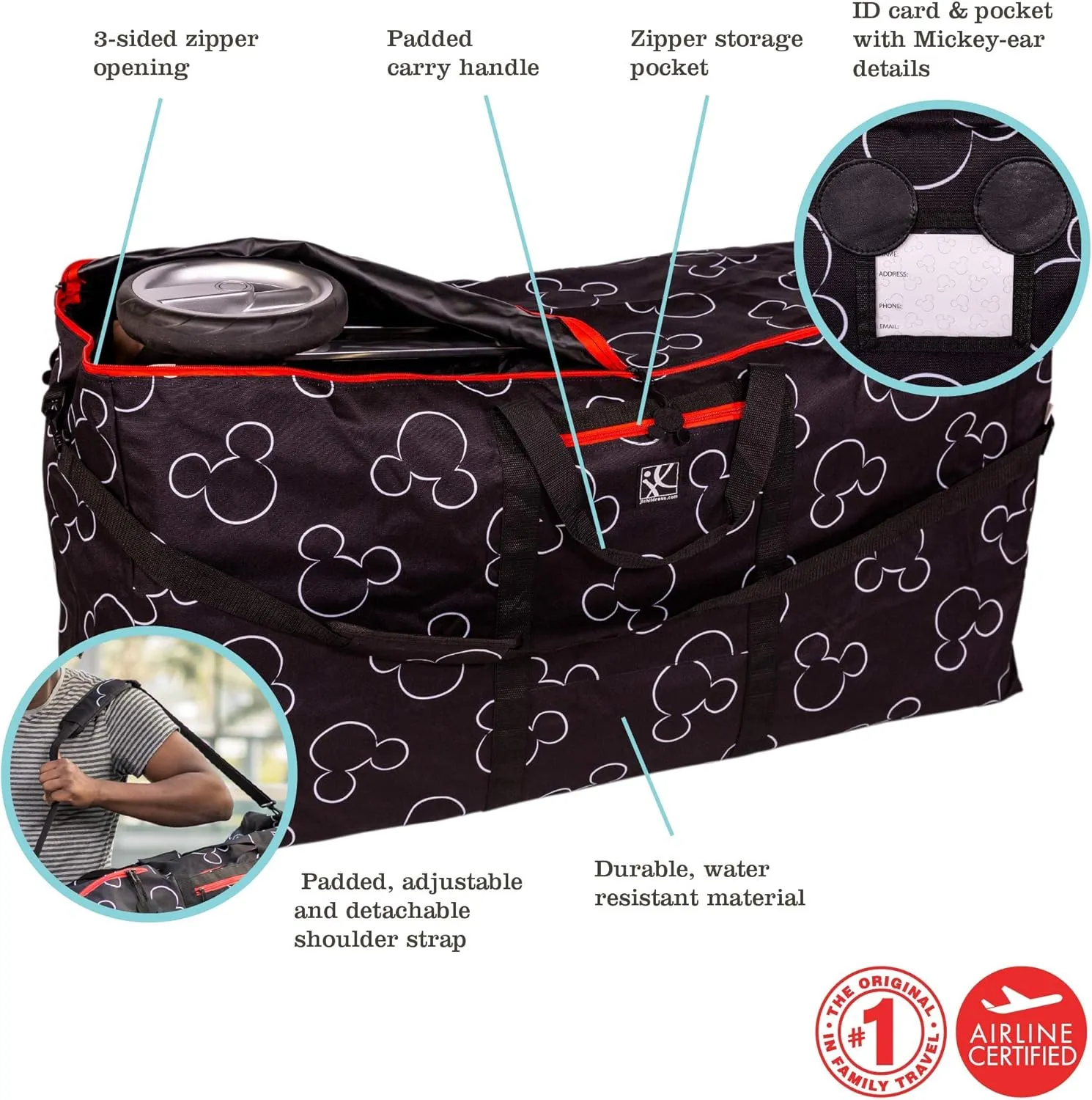 J.L. Childress Disney Baby Single & Double Stroller Travel Bag - Disney Gate Check Bag for Single & Double Strollers - Large Stroller Travel Bag for Airplane - Mickey Mouse