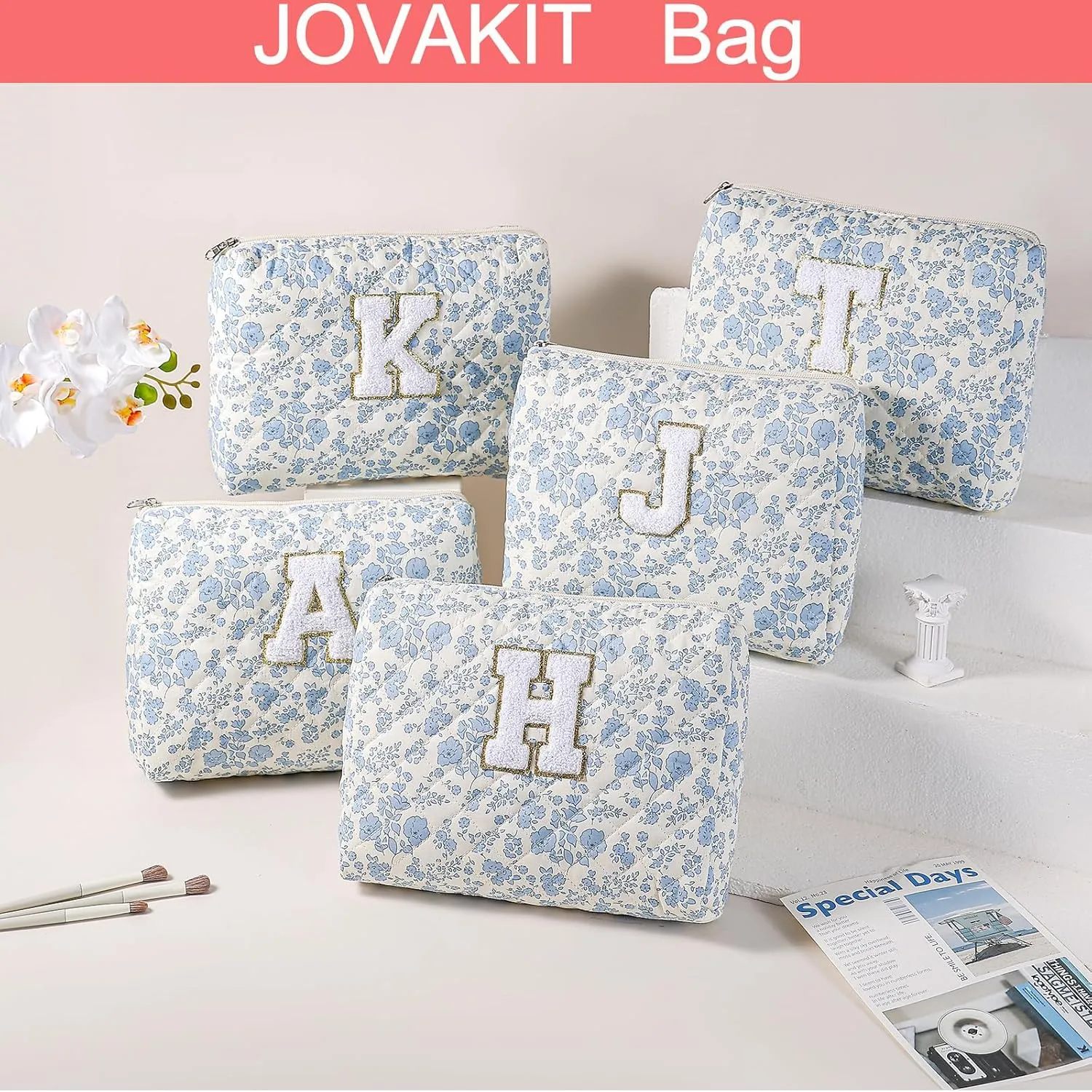 JOVAKIT Alphabet Makeup Bag Cosmetic Bag for Women, Christmas Gifts for Girls Age 6-18, Floral Flowers Coquette Travel Toiletry Zipper Make Up Pouch Organizer Trendy Stuff (2Pcs Blue Floral A)