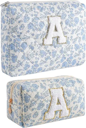 JOVAKIT Alphabet Makeup Bag Cosmetic Bag for Women, Christmas Gifts for Girls Age 6-18, Floral Flowers Coquette Travel Toiletry Zipper Make Up Pouch Organizer Trendy Stuff (2Pcs Blue Floral A)