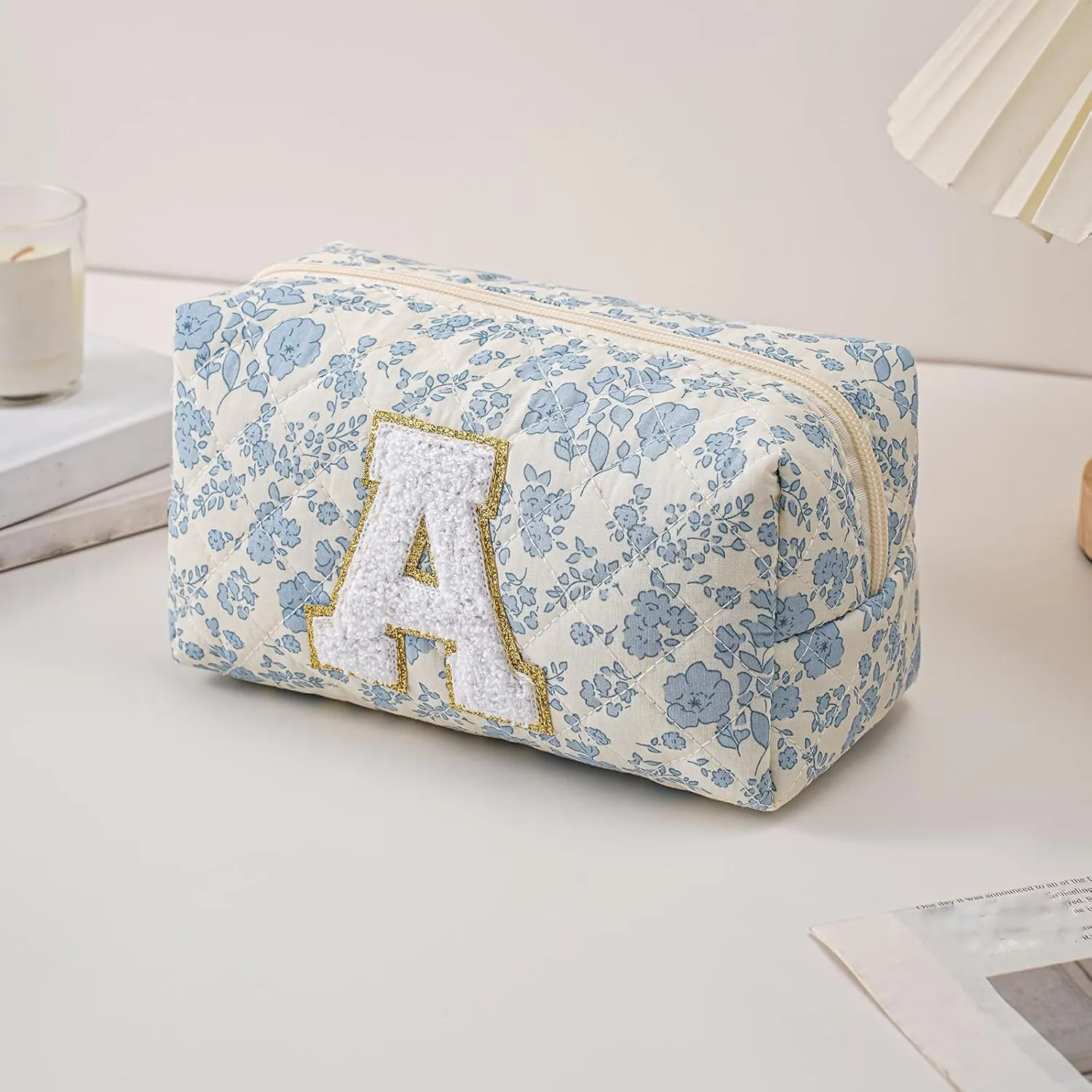 JOVAKIT Alphabet Makeup Bag Cosmetic Bag for Women, Christmas Gifts for Girls Age 6-18, Floral Flowers Coquette Travel Toiletry Zipper Make Up Pouch Organizer Trendy Stuff (2Pcs Blue Floral A)
