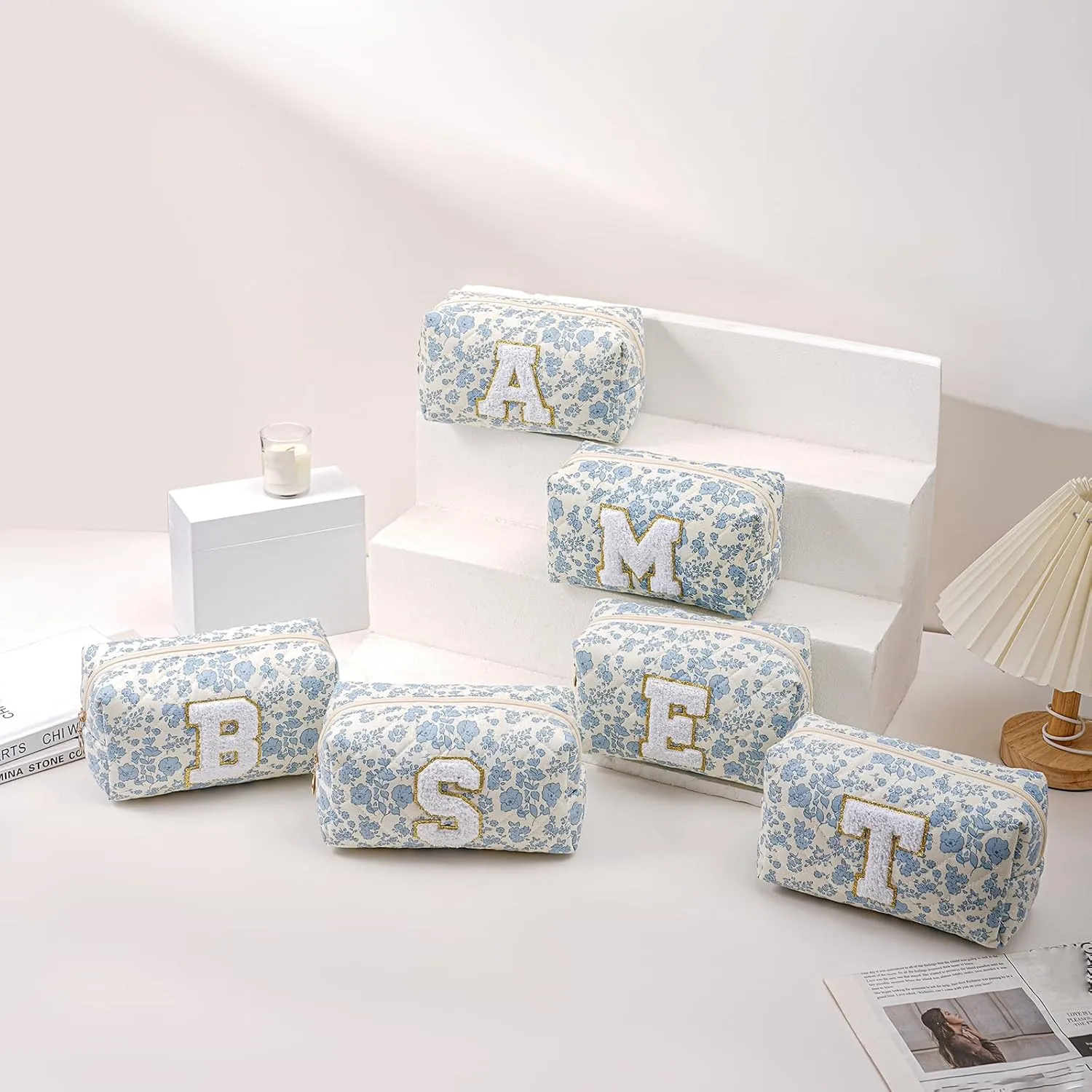 JOVAKIT Alphabet Makeup Bag Cosmetic Bag for Women, Christmas Gifts for Girls Age 6-18, Floral Flowers Coquette Travel Toiletry Zipper Make Up Pouch Organizer Trendy Stuff (2Pcs Blue Floral A)
