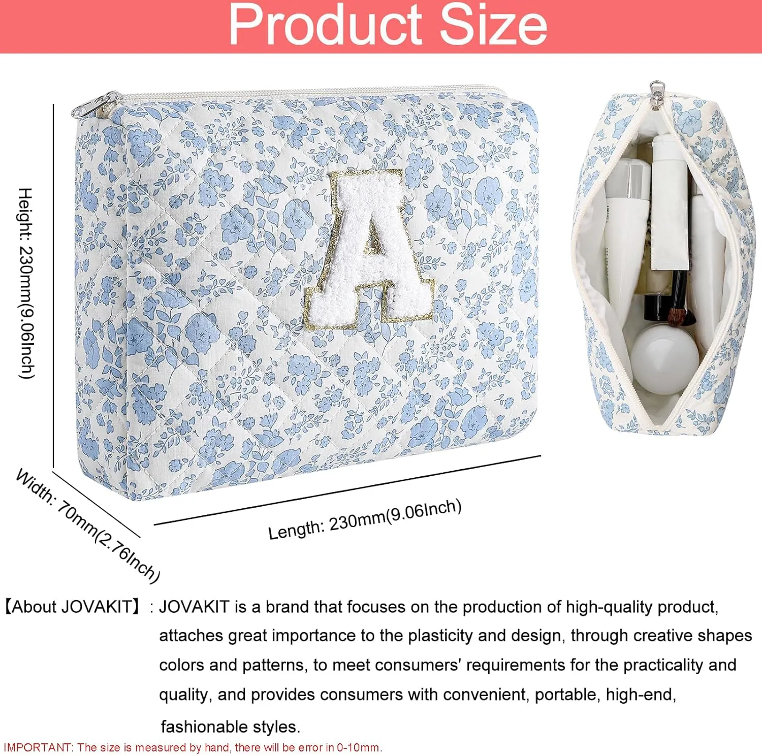 JOVAKIT Alphabet Makeup Bag Cosmetic Bag for Women, Christmas Gifts for Girls Age 6-18, Floral Flowers Coquette Travel Toiletry Zipper Make Up Pouch Organizer Trendy Stuff (2Pcs Blue Floral A)
