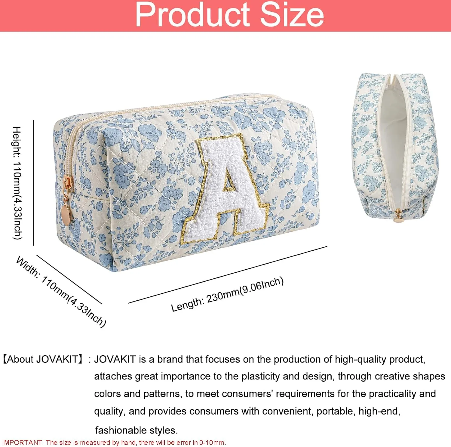 JOVAKIT Alphabet Makeup Bag Cosmetic Bag for Women, Christmas Gifts for Girls Age 6-18, Floral Flowers Coquette Travel Toiletry Zipper Make Up Pouch Organizer Trendy Stuff (2Pcs Blue Floral A)