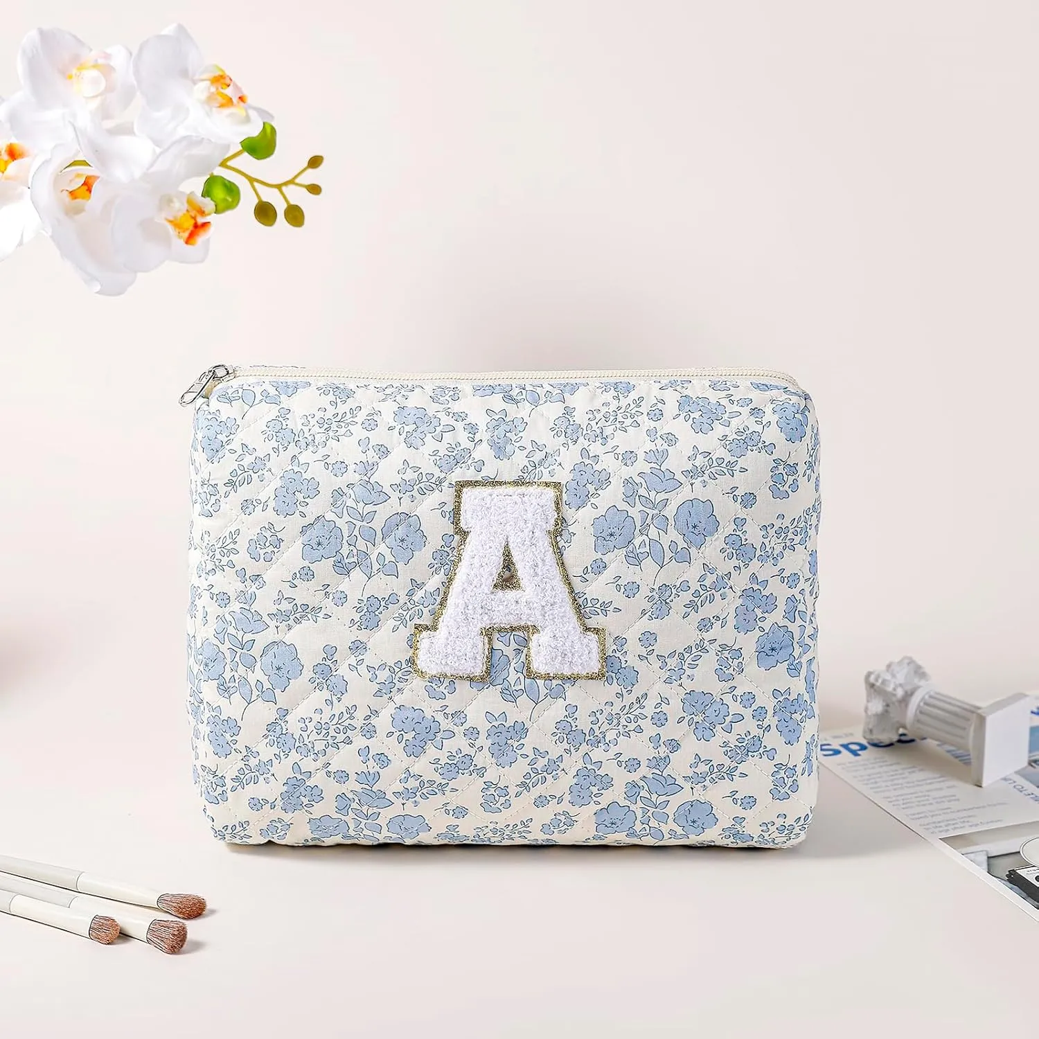 JOVAKIT Alphabet Makeup Bag Cosmetic Bag for Women, Christmas Gifts for Girls Age 6-18, Floral Flowers Coquette Travel Toiletry Zipper Make Up Pouch Organizer Trendy Stuff (2Pcs Blue Floral A)