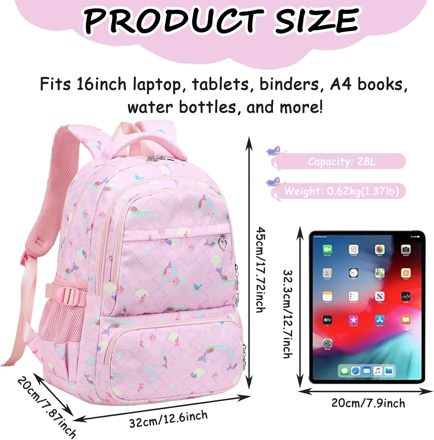 Joyfulife Kids School Backpack for Girls, Mermaid Bookbag with Lunch Box Set for Teens Elementary Primary Middle Student, Girls Backpack for School
