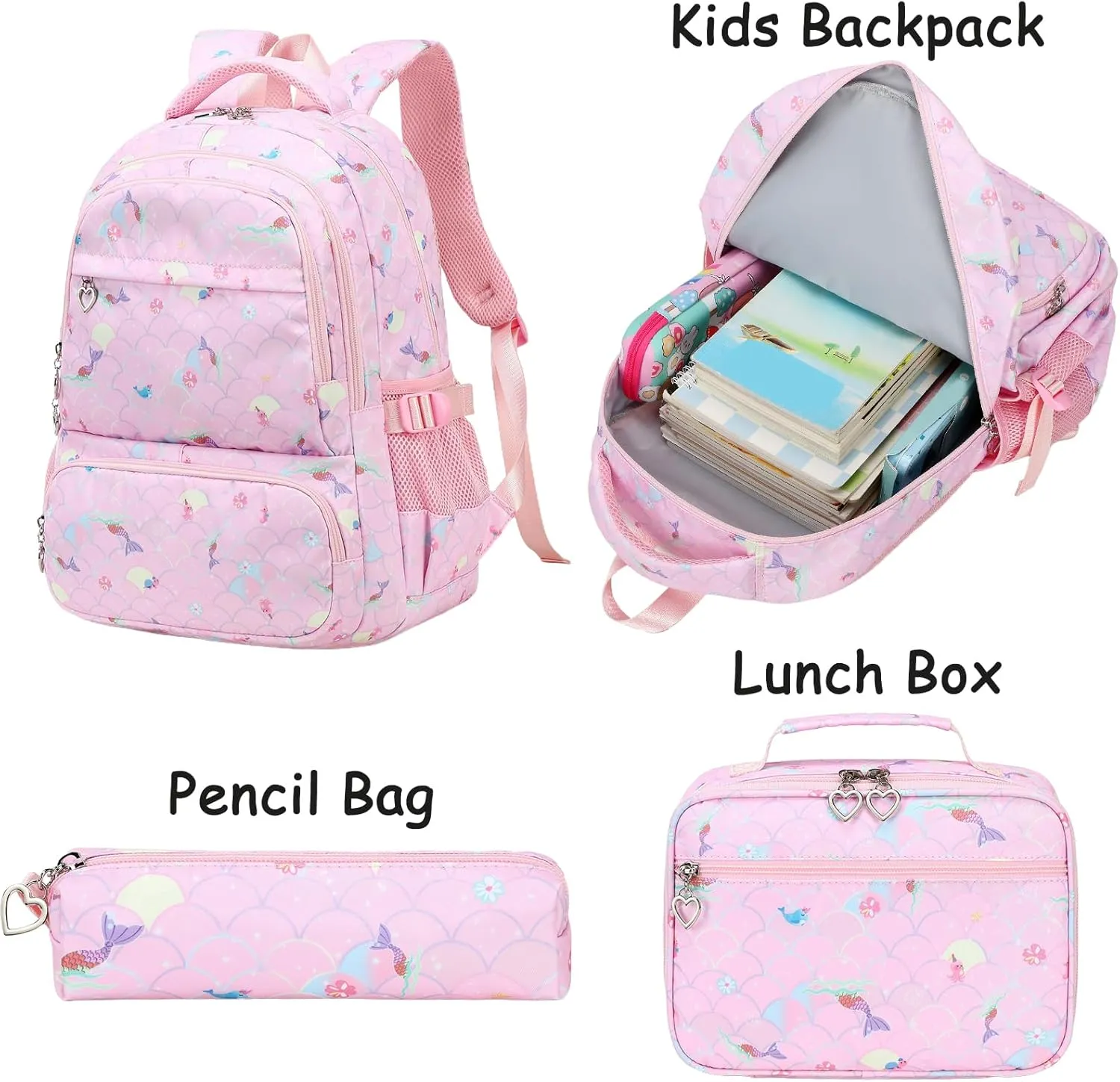 Joyfulife Kids School Backpack for Girls, Mermaid Bookbag with Lunch Box Set for Teens Elementary Primary Middle Student, Girls Backpack for School